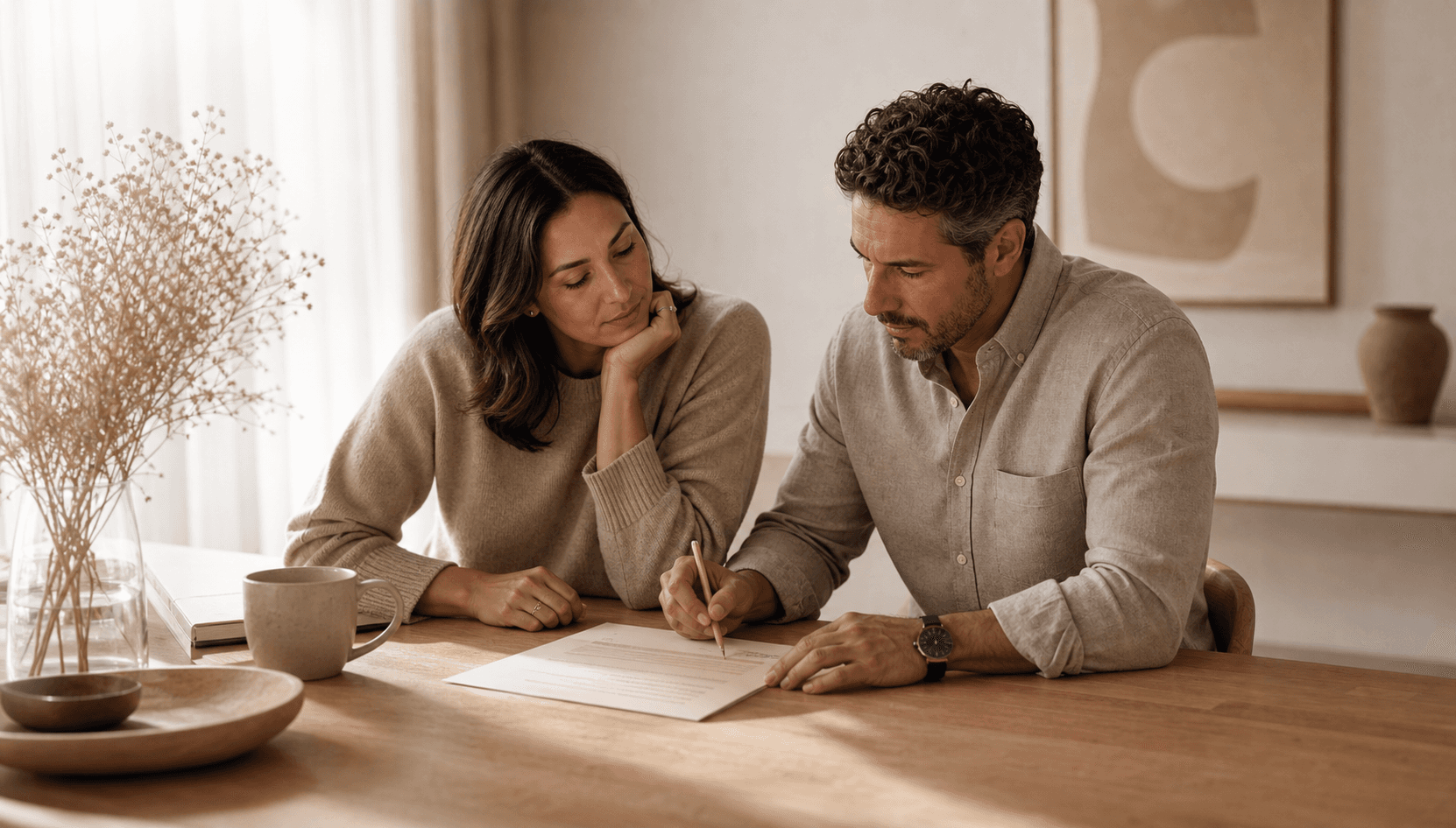 Two adults at a warm oak table quietly reviewing a printed relationship summary together while one person makes small edits with a pencil.