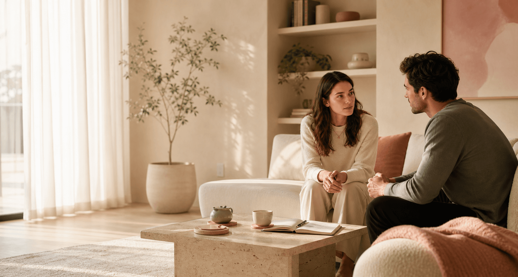 A couple reflecting calmly over tea and a notebook in a warm living room.