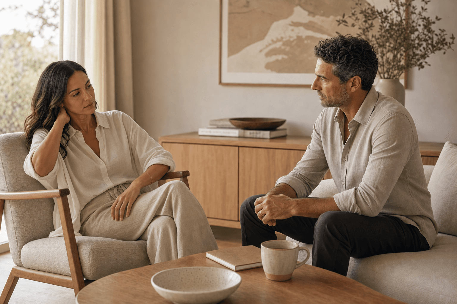 Two adults seated with respectful distance in a warm neutral living room, reflecting on whether to continue or stop a difficult conversation.