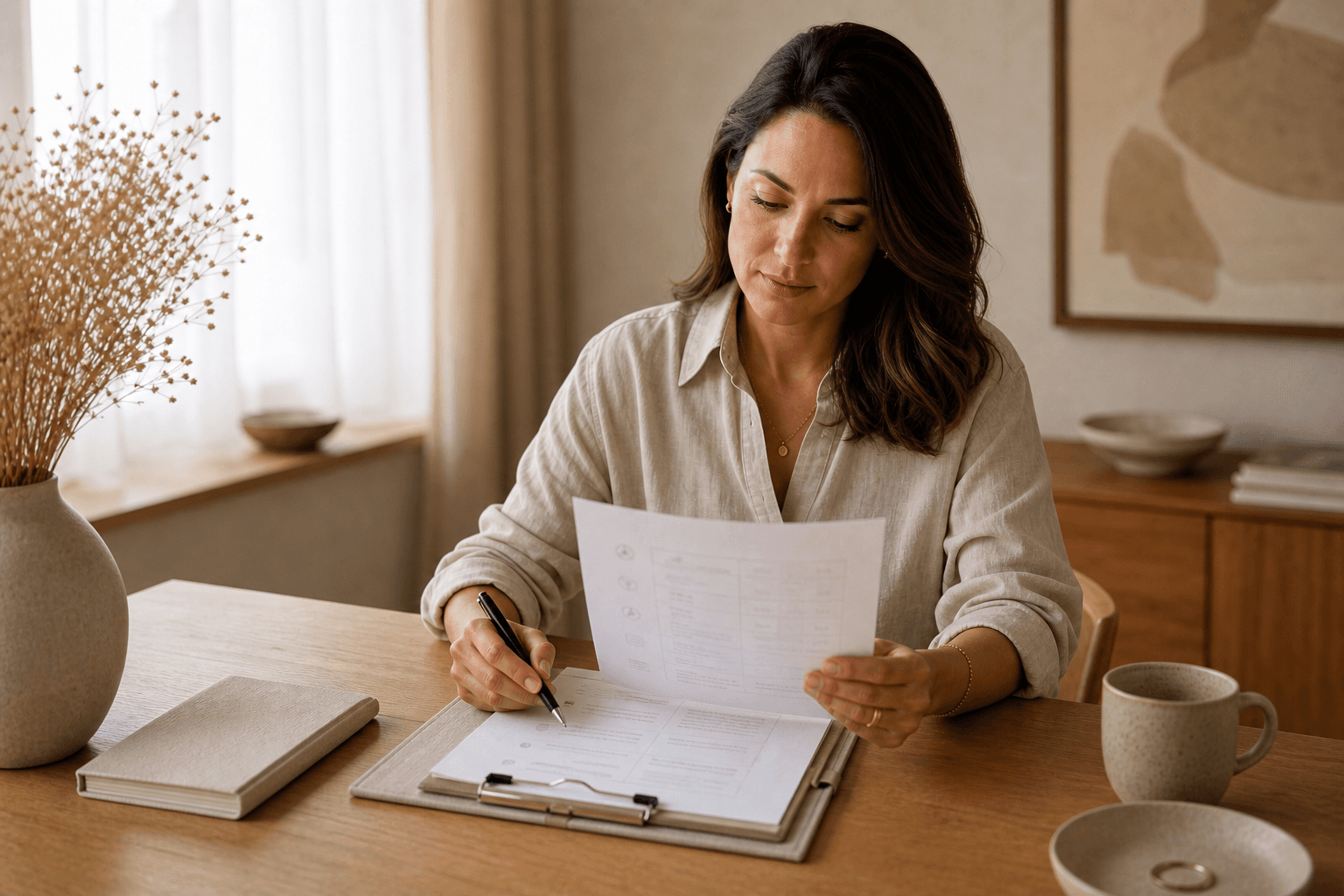 A careful practitioner reviewing a polished relationship artifact with a clipboard and notes in a warm minimal studio.