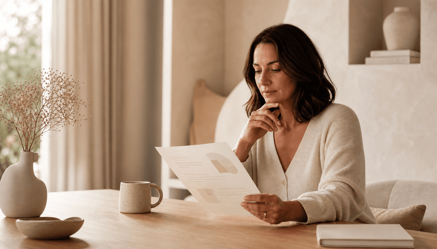 A thoughtful adult reviewing an elegant relationship summary alone at a warm oak table in a calm neutral studio.