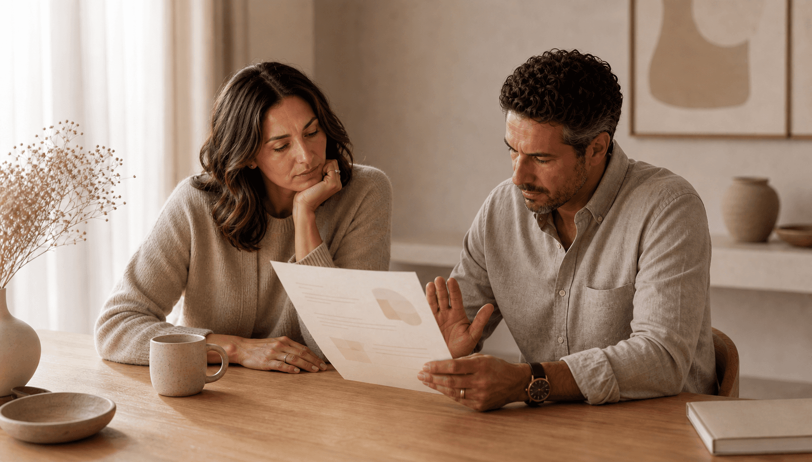 Two adults at a warm oak table reviewing a calm preview document together while one person pauses with visible hesitation.
