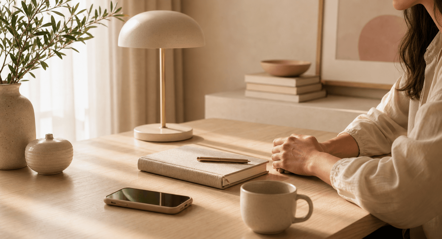 A calm desk scene with a face-down phone, a closed notebook, warm daylight, and hands resting nearby to suggest privacy and control.