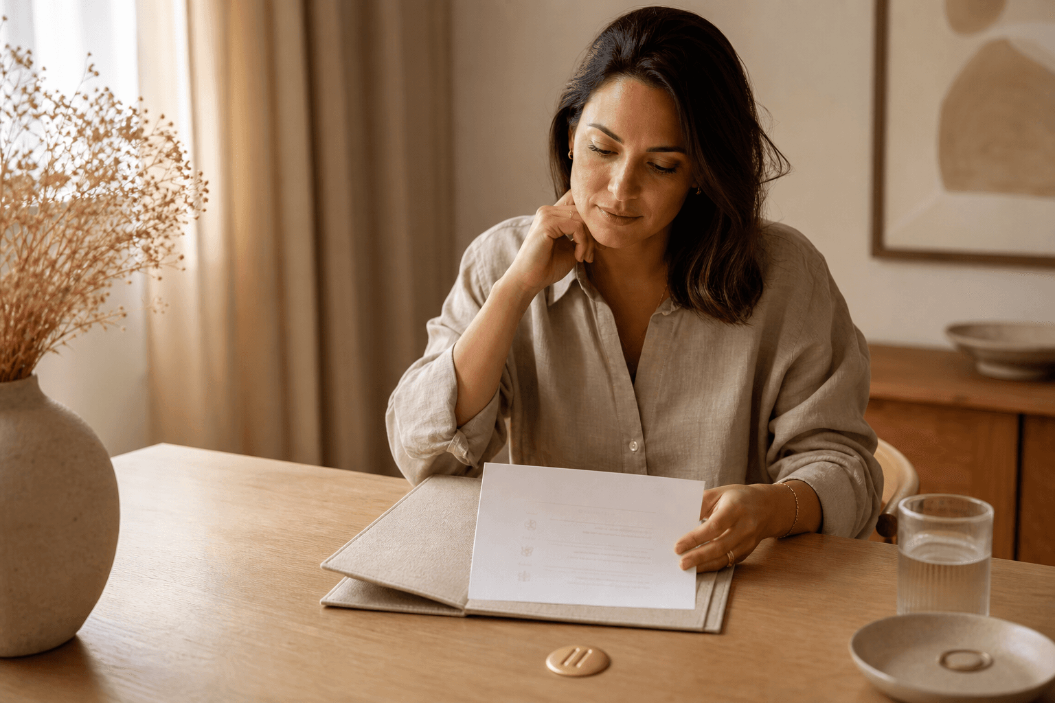 A thoughtful adult reviewing a private summary in a linen folder at a warm oak table with a brass pause token nearby.