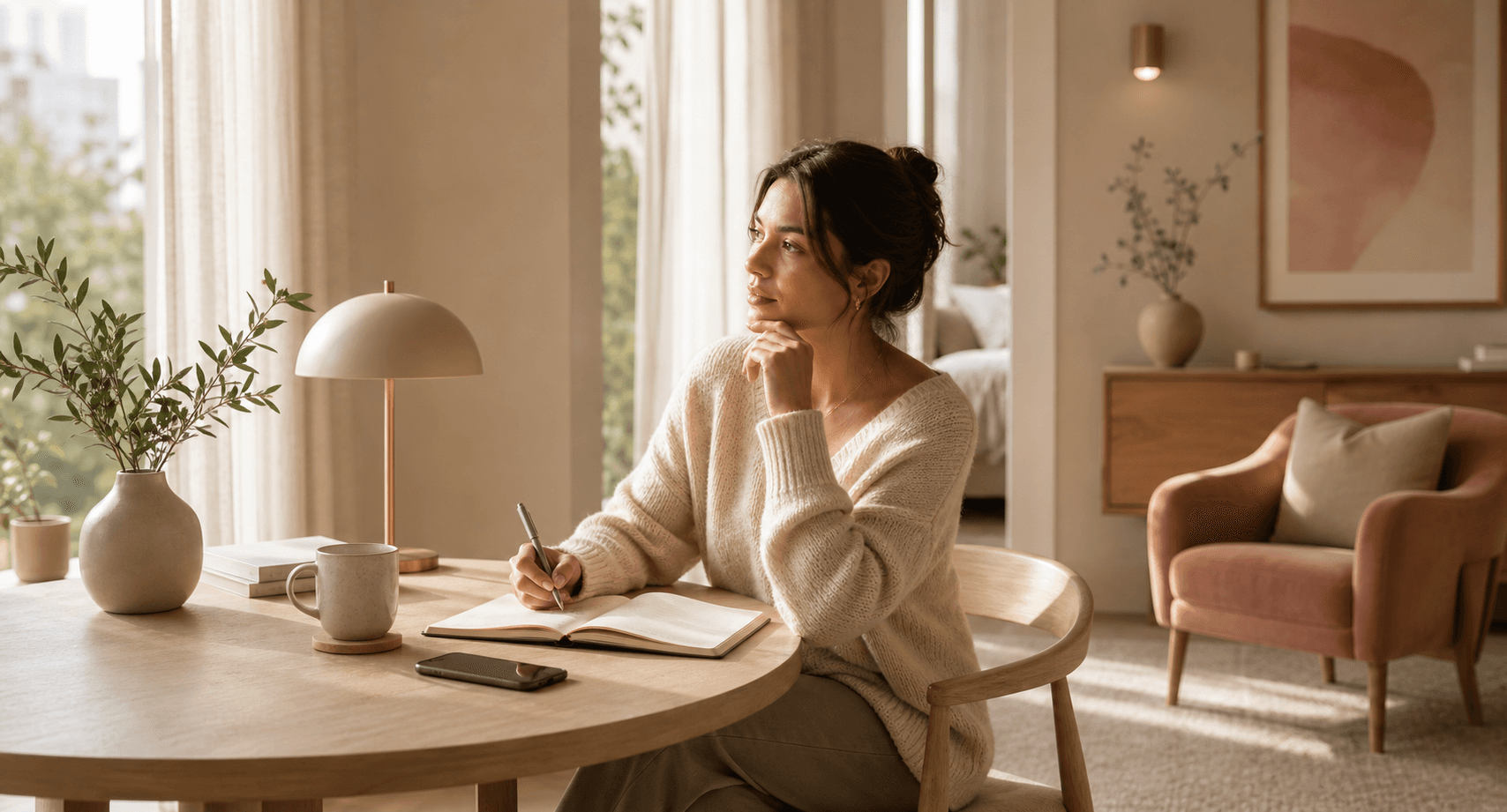 A thoughtful person journaling in morning light before a relationship conversation.