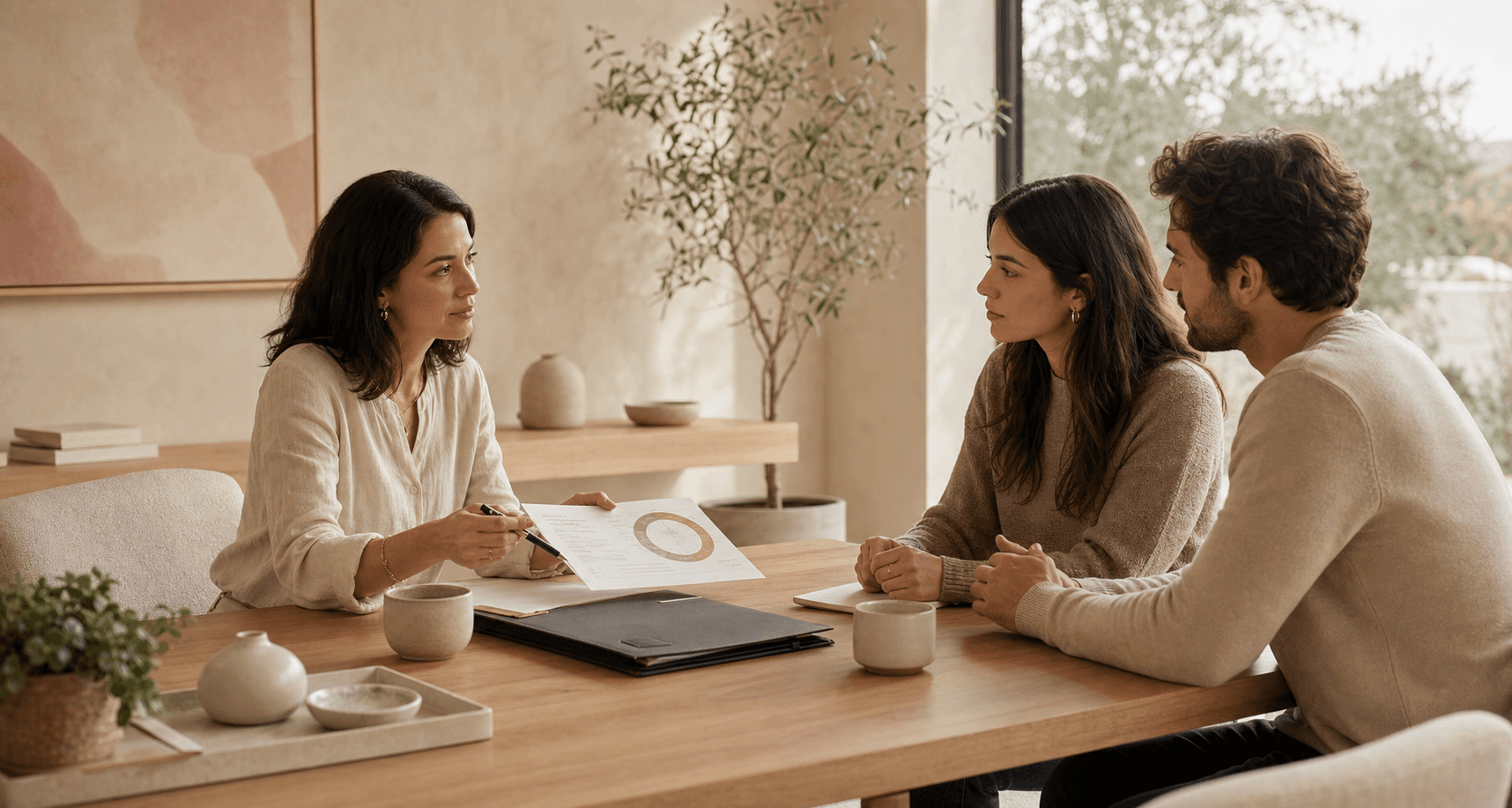 A careful practitioner reviewing a relationship report with a couple in a warm studio.