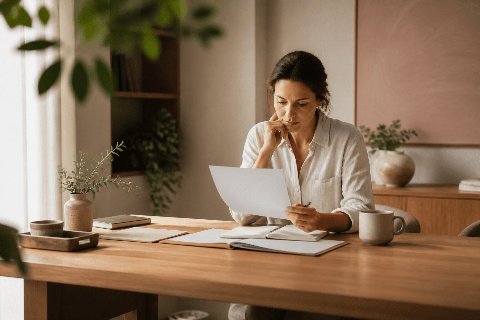 A careful reviewer reading a printed relationship summary at a warm oak desk with handwritten notes and a cautious expression.