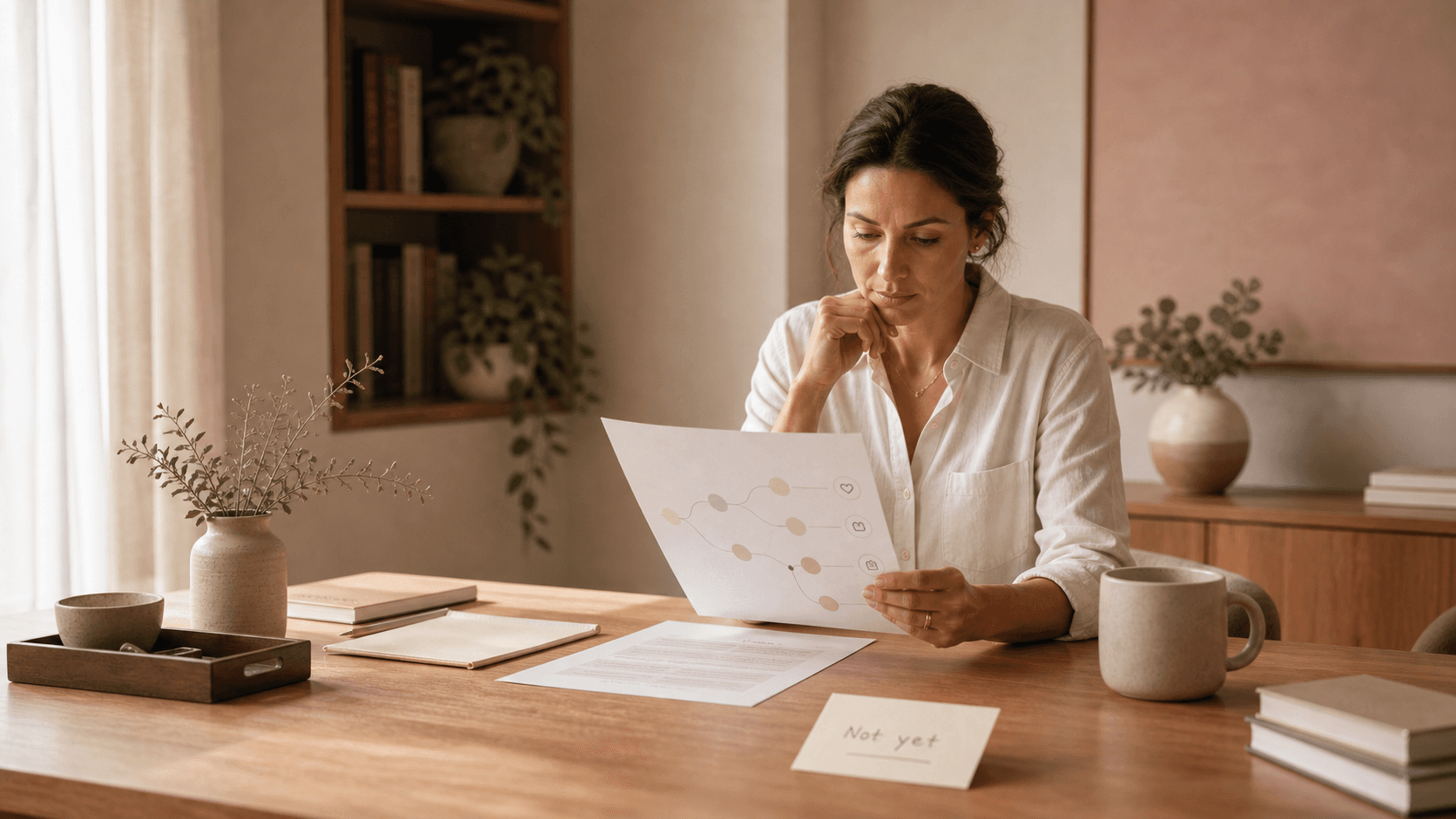 A careful professional reviewer at a warm oak desk checking a relationship artifact with a note card set aside after a not-yet response.