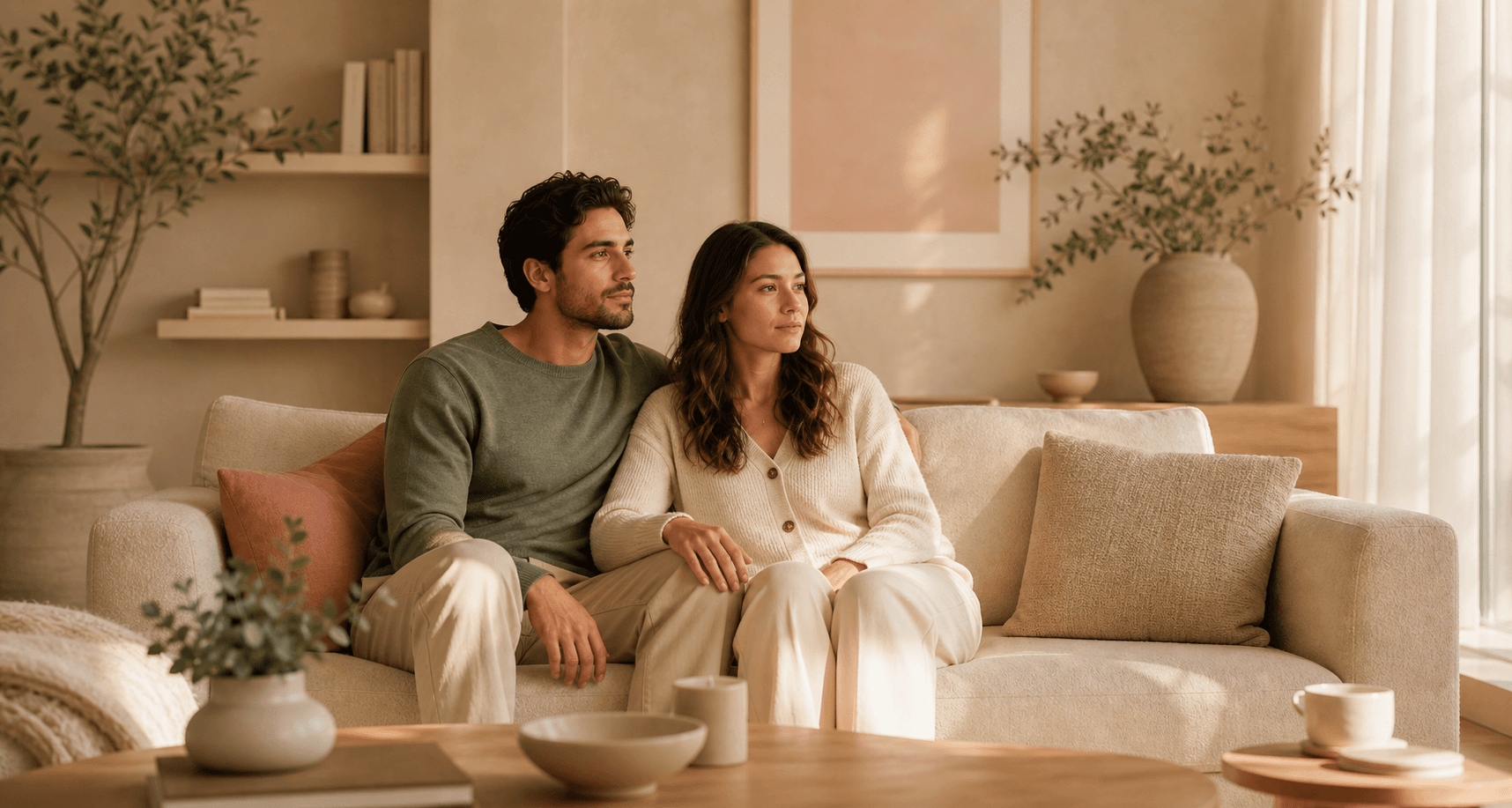 Two people seated calmly with respectful space between them.